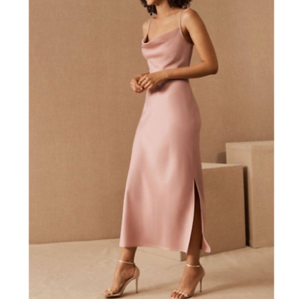 BHLDN Cali Satin Charmeuse Slit Midi Slip Dress Dusty Rose Pink Women's size 4